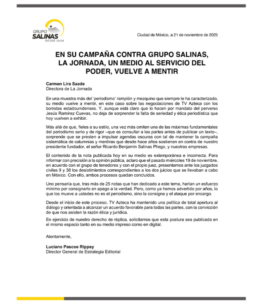 EN SU CAMPAÑA CONTRA GRUPO SALINAS, LA JORNADA, UN MEDIO AL SERVICIO DEL PODER, VUELVE A MENTIR